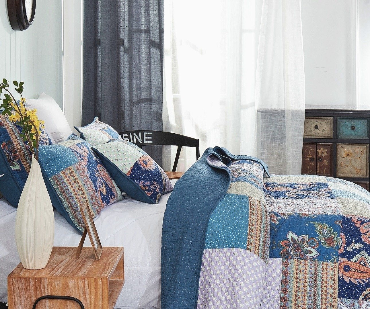 Tache Bohemian Night Flower Paisley Floral Navy Blue Pastel Cotton Patchwork Quilt Set (JHW-882)