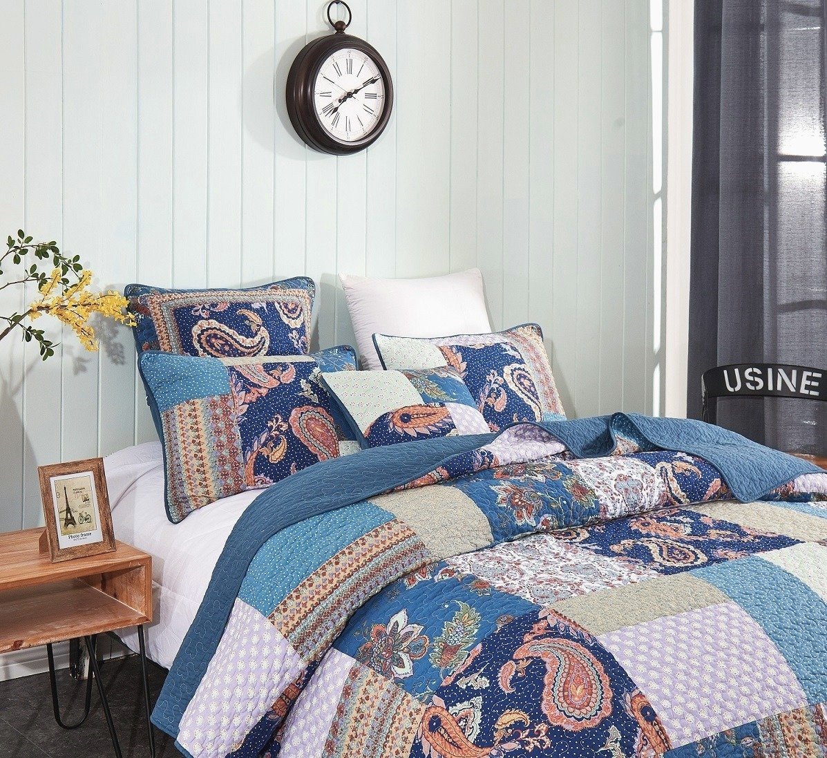 Tache Bohemian Night Flower Paisley Floral Navy Blue Pastel Cotton Patchwork Quilt Set (JHW-882)
