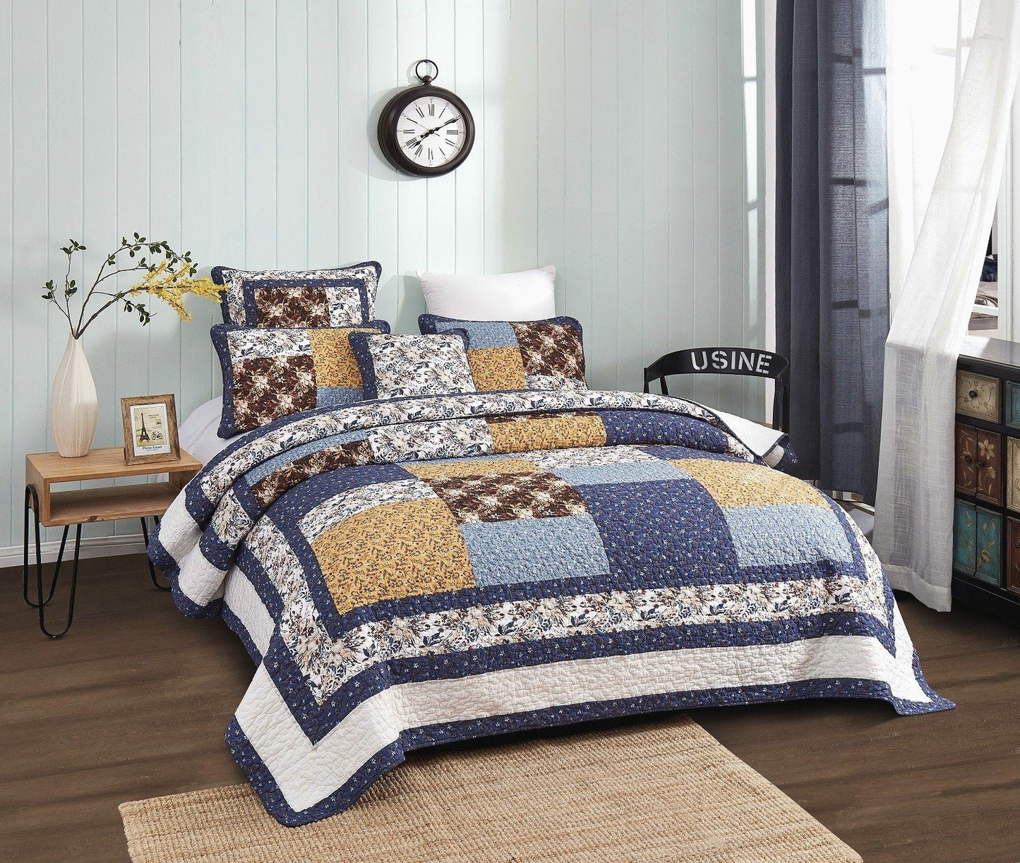 Tache Prairie Sunset White Blue Yellow Brown Floral Cotton Patchwork Quilt Set (JHW-887)