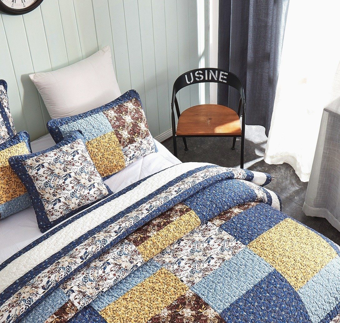 Tache Prairie Sunset White Blue Yellow Brown Floral Cotton Patchwork Quilt Set (JHW-887)