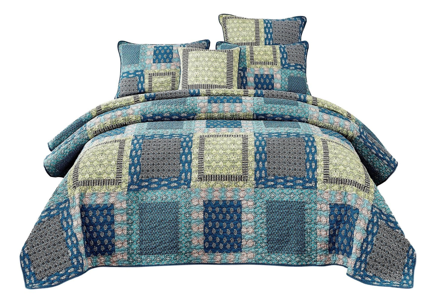 Tache Bohemian Ocean Teal Blue Green Paisley Mediterranean Cotton Patchwork Quilt Set (JHW-888)