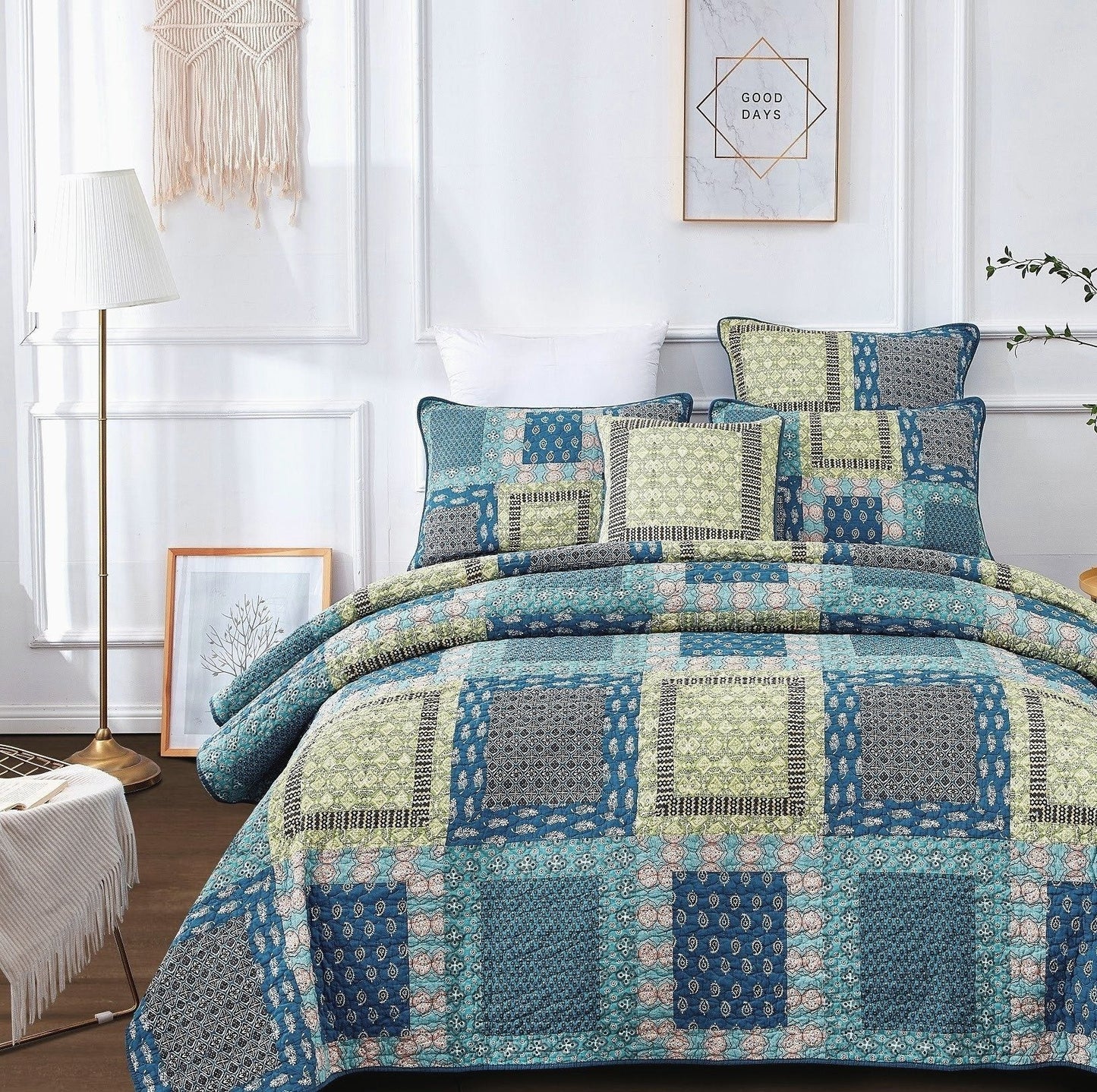 Tache Bohemian Ocean Teal Blue Green Paisley Mediterranean Cotton Patchwork Quilt Set (JHW-888)