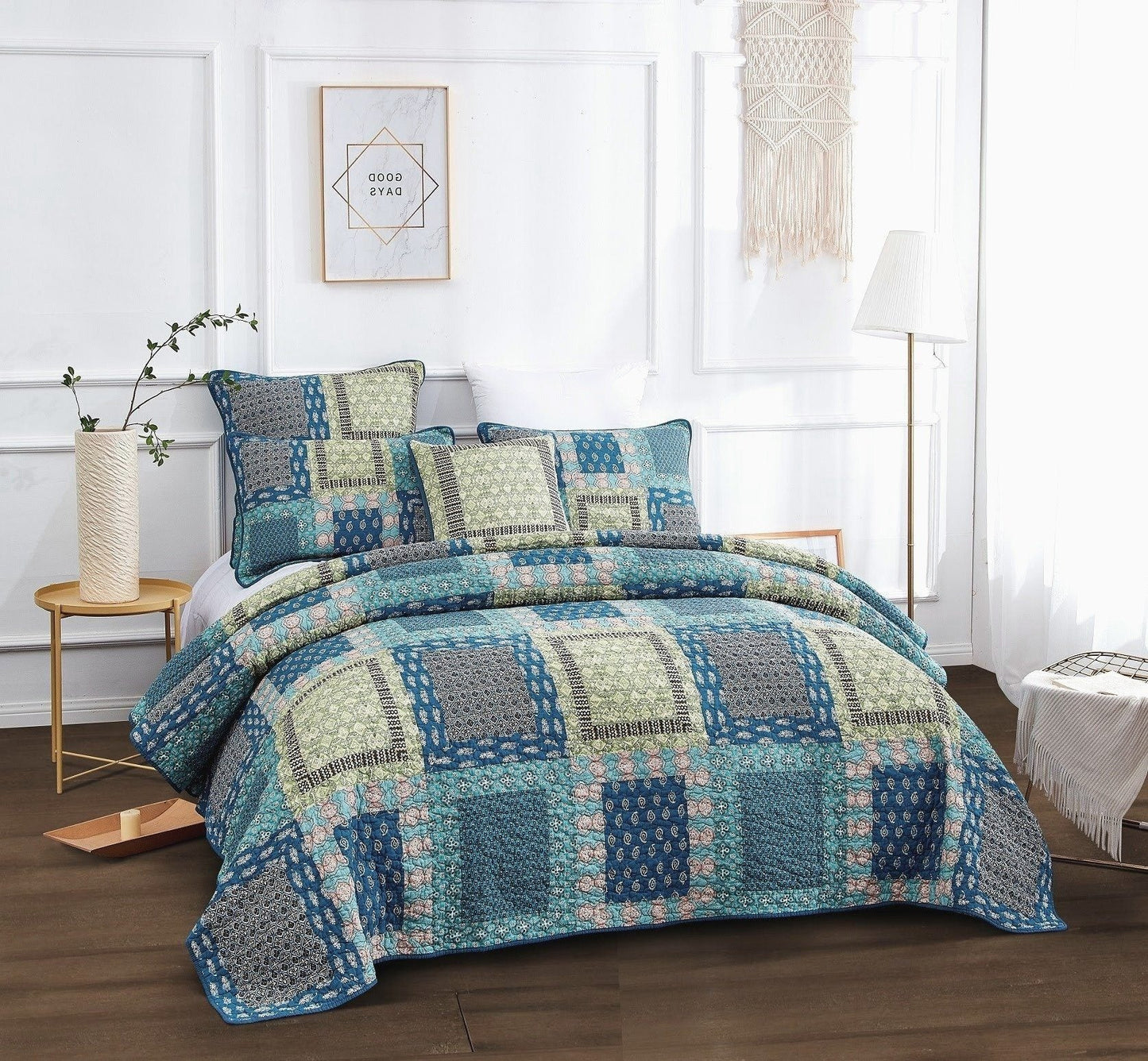 Tache Bohemian Ocean Teal Blue Green Paisley Mediterranean Cotton Patchwork Quilt Set (JHW-888)