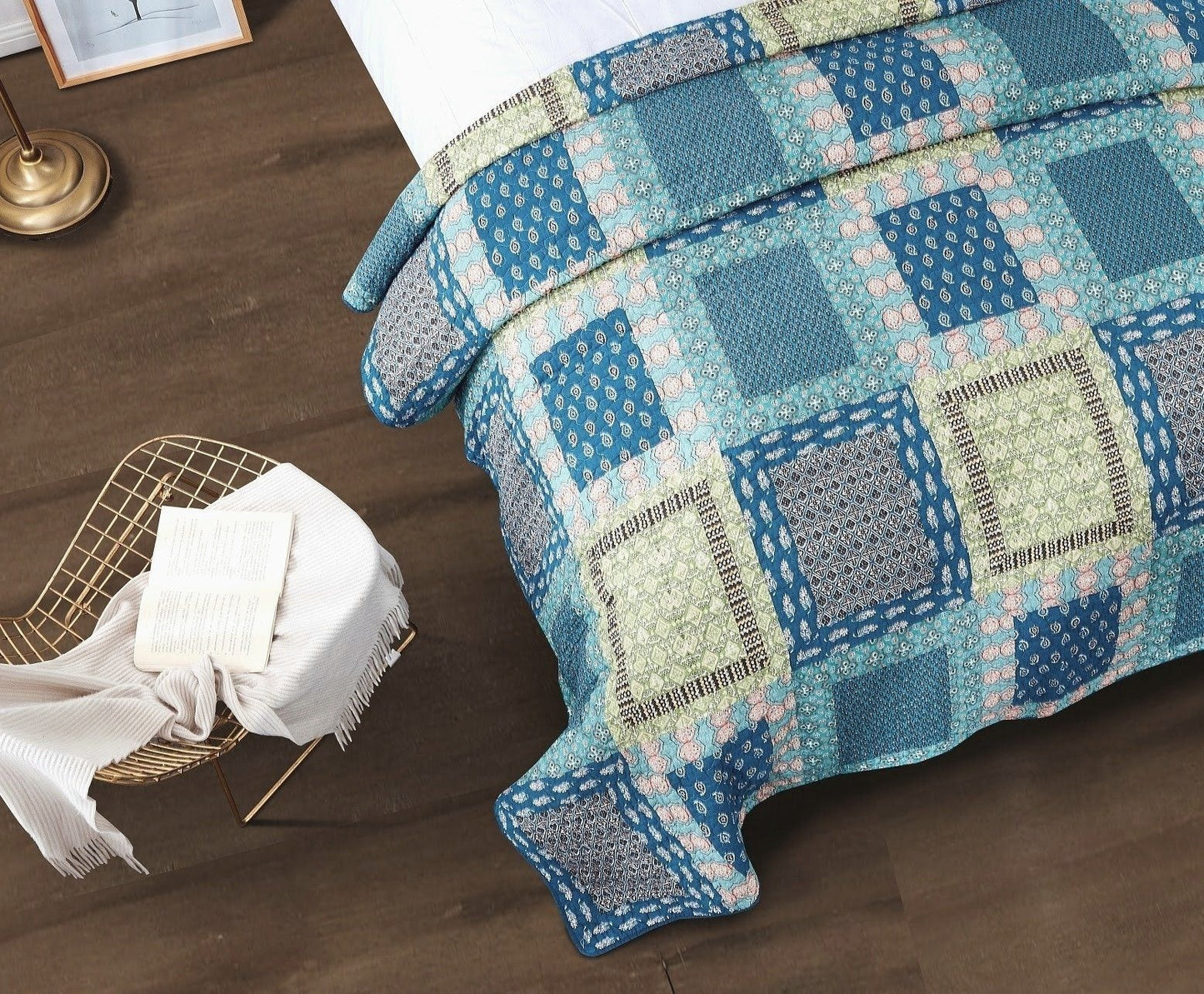 Tache Bohemian Ocean Teal Blue Green Paisley Mediterranean Cotton Patchwork Quilt Set (JHW-888)