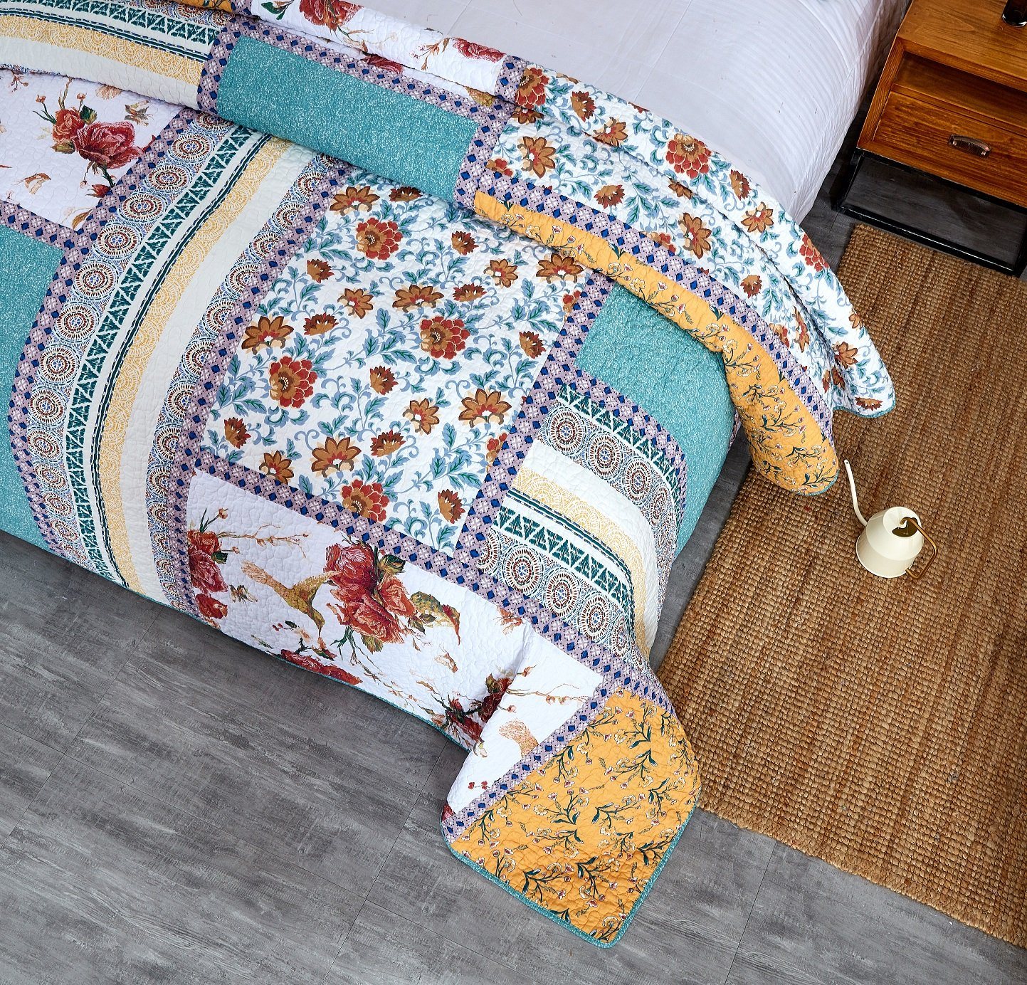 Tache Old World Garden Pastel Blue Yellow Red Hummingbirds Cotton Patchwork Quilt Set (JHW-936)