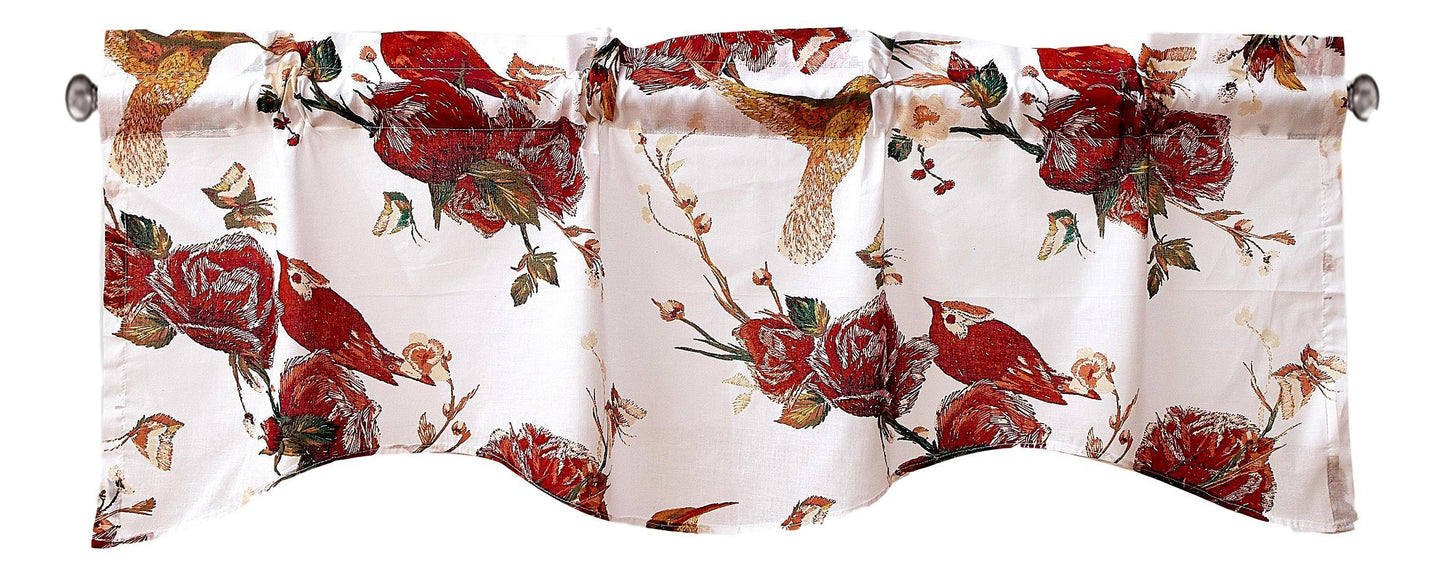 Tache Cotton White Burgundy Sheer Scalloped Window Treatment Hummingbirds Rose Garden Valance (JHW-936)