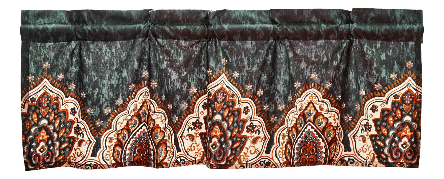 Tache Rustic Paisley Mandala Palace Floral Watercolor Orange Dark Teal Window Valance (KF174)