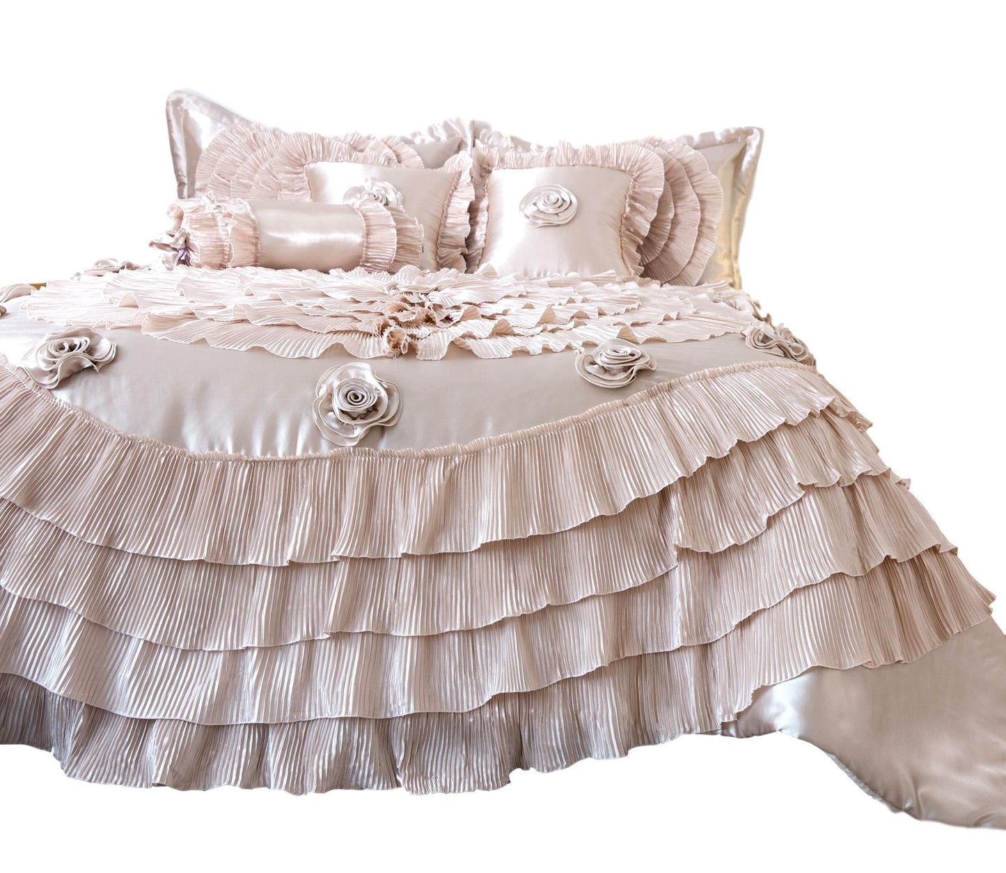 Tache Satin Ruffle Luxury Floral Champagne Beige Frosted Field Comforter Set (MZ1051)