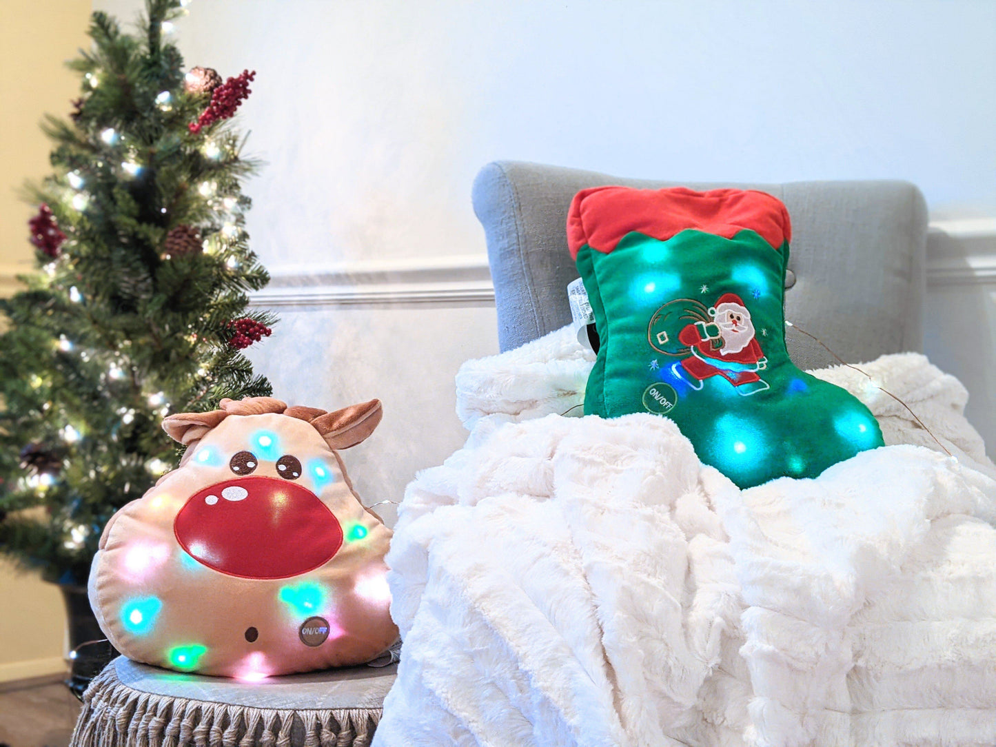 Tache Squishy Light Up Cute Christmas Santa Stocking Microbead LED Throw Pillow