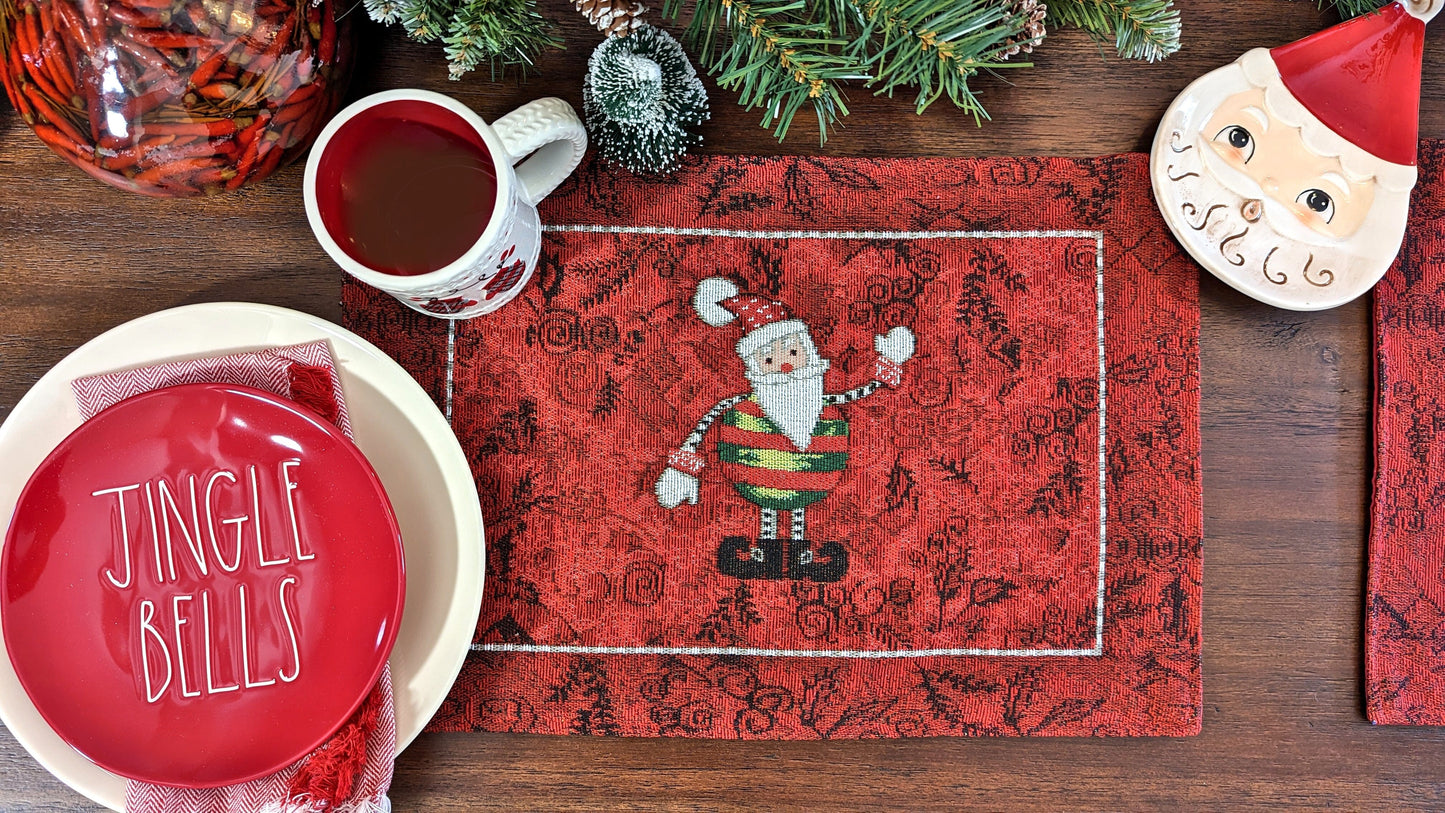 Tache Here Comes Santa Claus Vintage Holiday Woven Tapestry Red Christmas Placemat Set of 4 (8577PM)