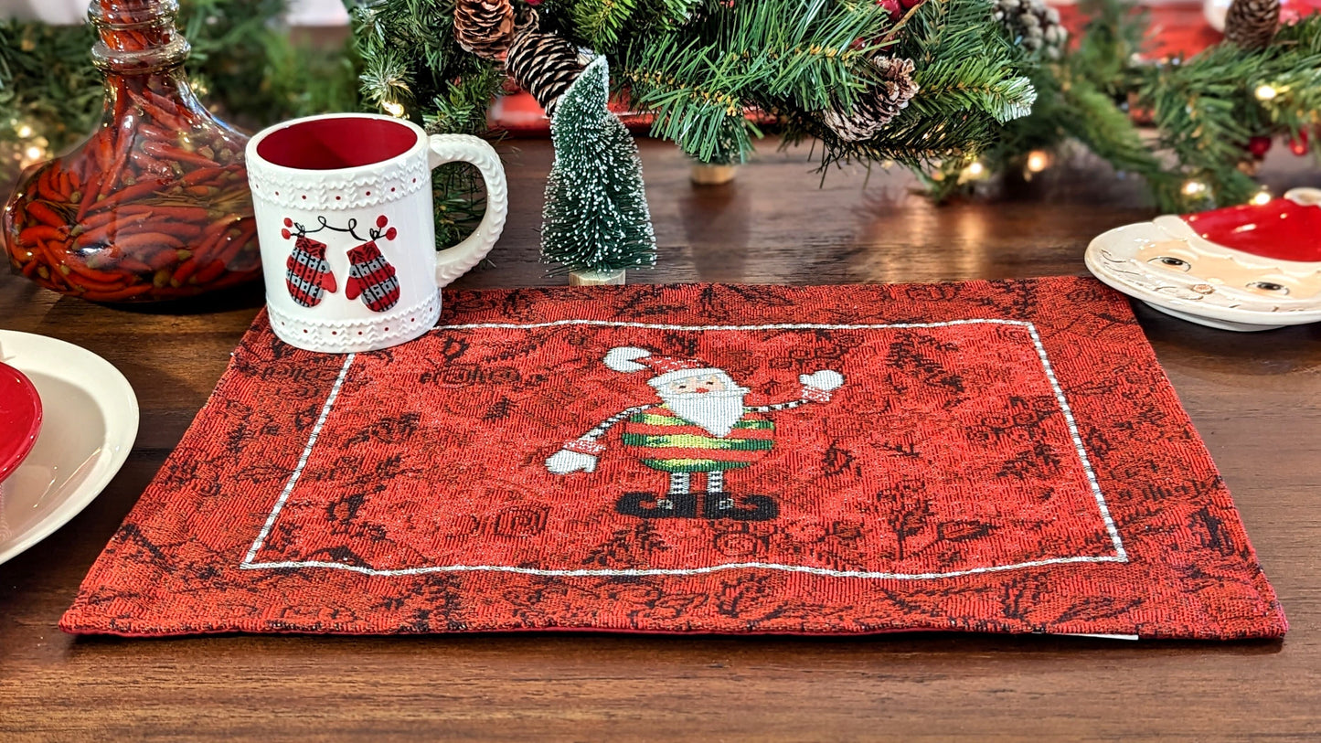 Tache Here Comes Santa Claus Vintage Holiday Woven Tapestry Red Christmas Placemat Set of 4 (8577PM)