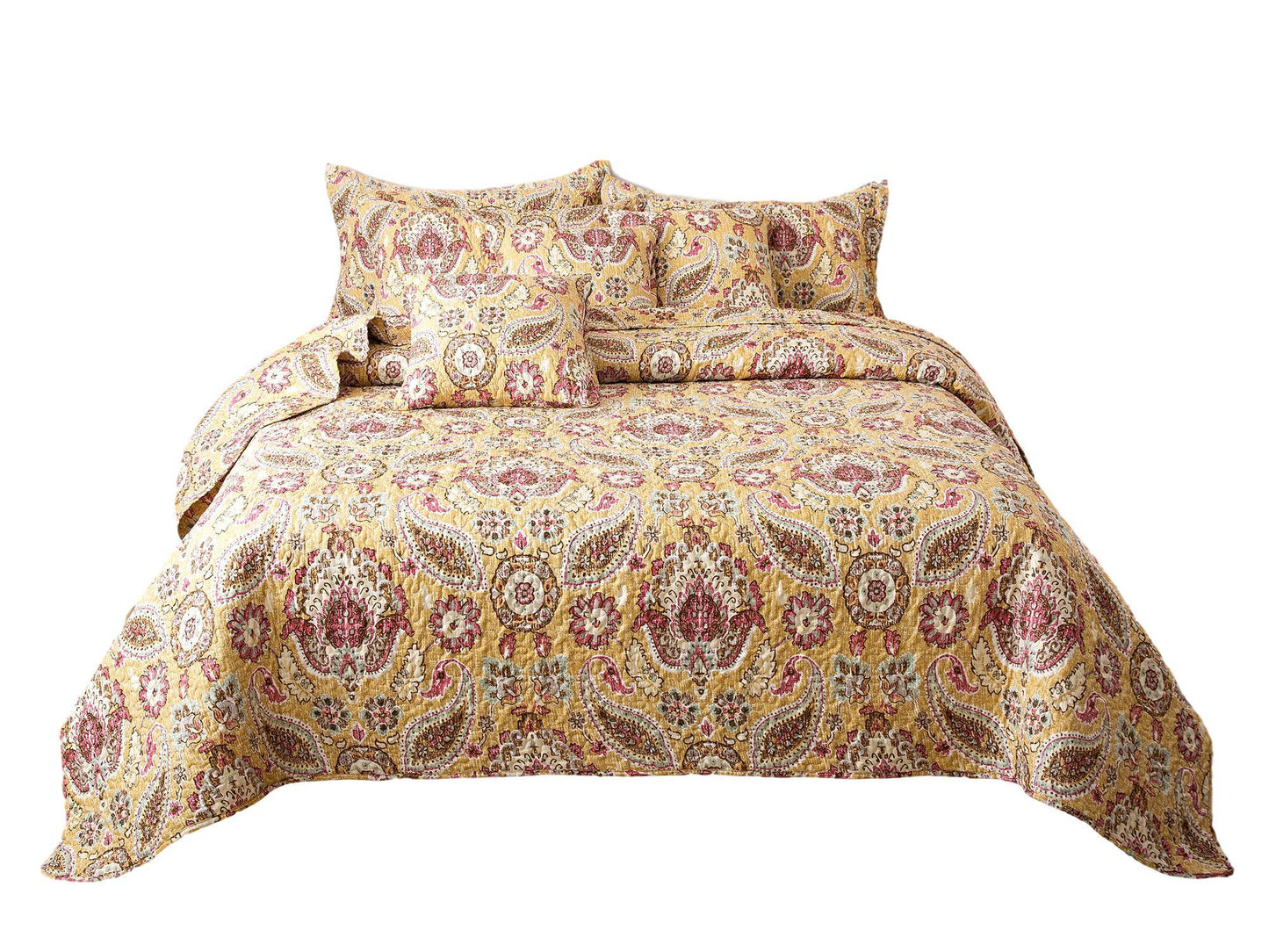 Tache Royal Medallion Floral Paisley Damask Yellow Pink Boho Chic Quilt Set (SD5357)