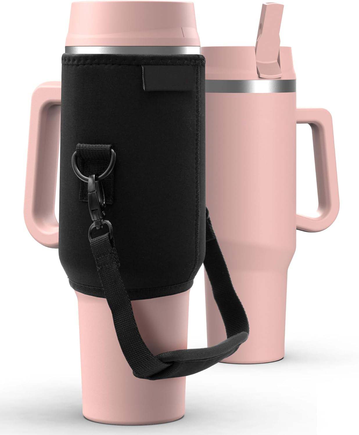 40 oz Tumbler Cup with Handle and Carrier Bag, 24-Hour Insulated Water Bottle with Straw Lid, Neoprene Carrying Sleeve and Hand Strap