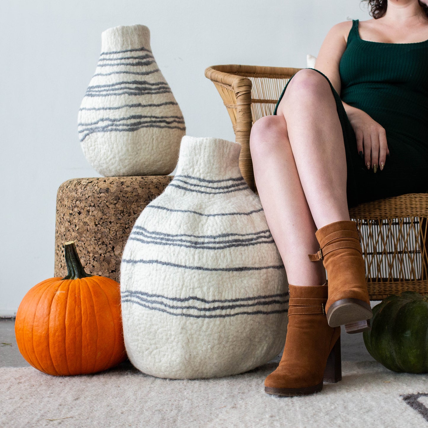 Hand-Felted Wool Gourd Basket with Natural White Tribal Lines