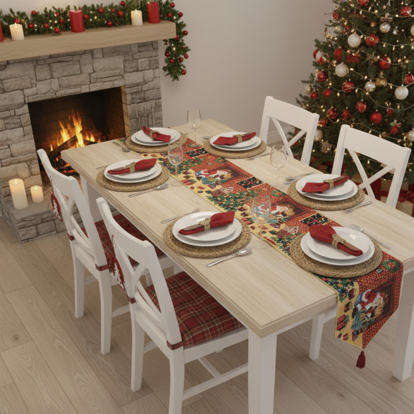 Cotton Blend Festive Table Runner, Santa Claus Preparations