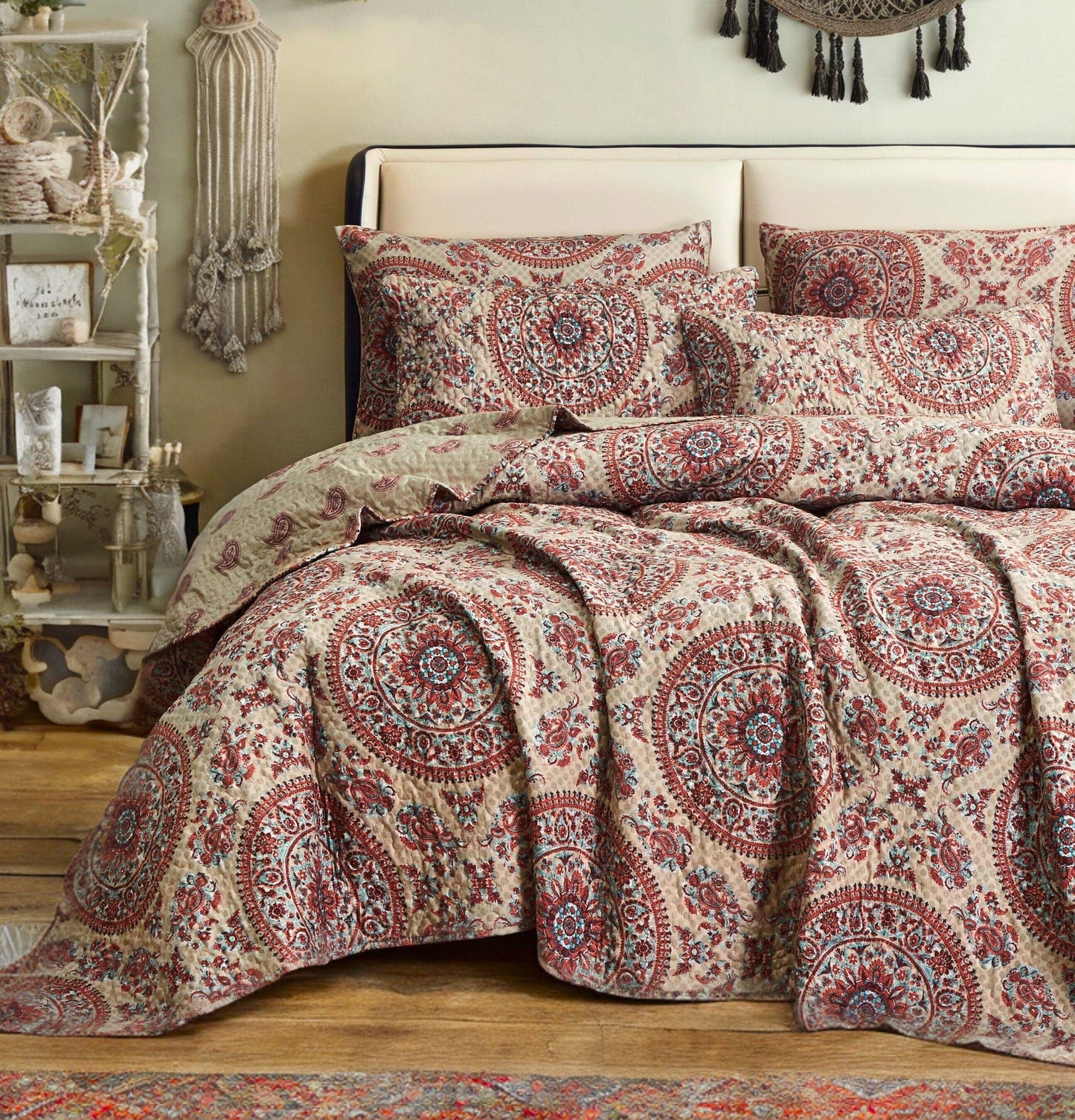 Tache Bohemian Desert Medallion Boteh Paisley Orange Blue Taupe Quilt Set (TJ3502)