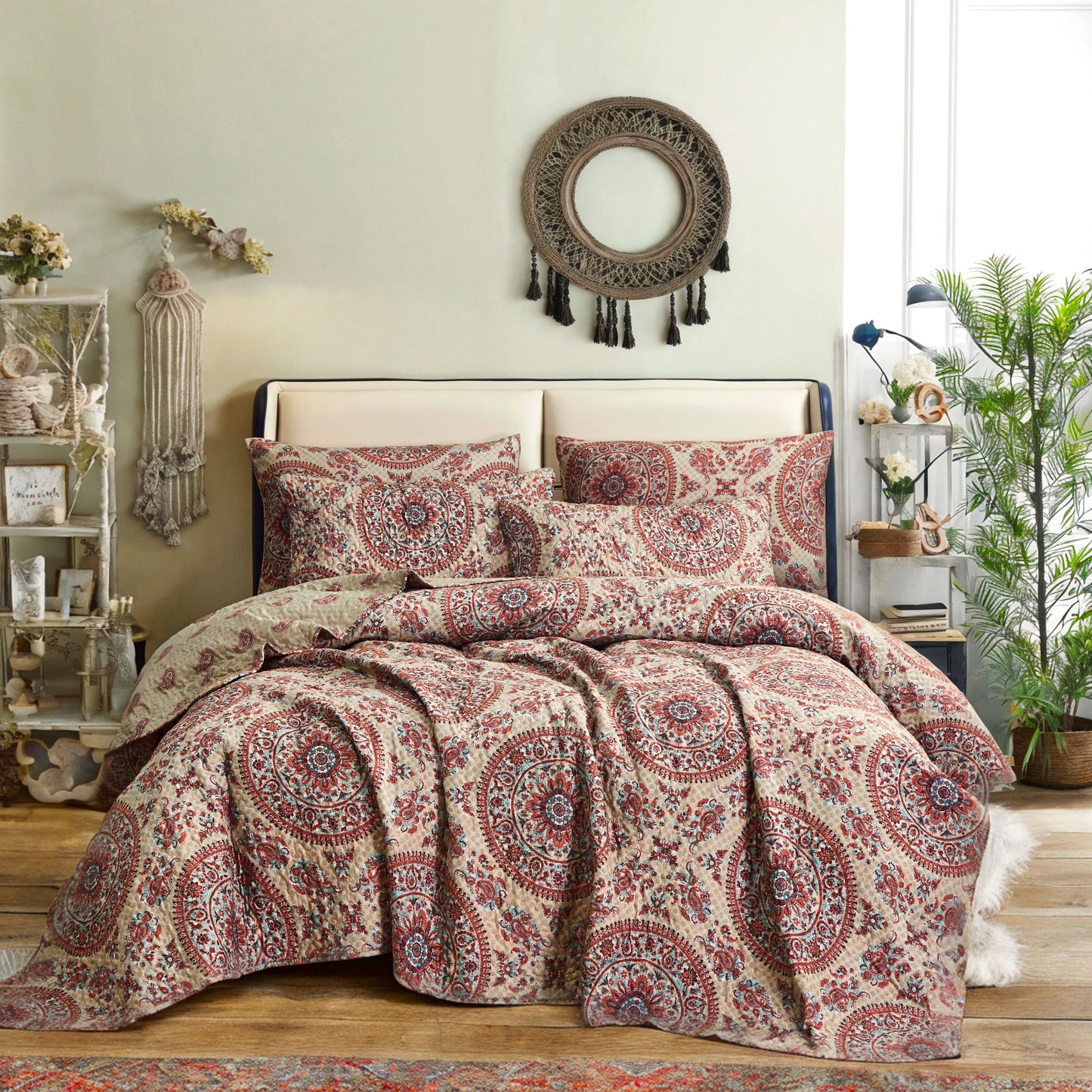 Tache Bohemian Desert Medallion Boteh Paisley Orange Blue Taupe Quilt Set (TJ3502)