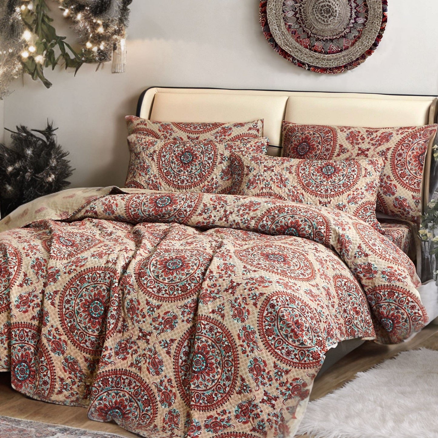 Tache Bohemian Desert Medallion Boteh Paisley Orange Blue Taupe Quilt Set (TJ3502)