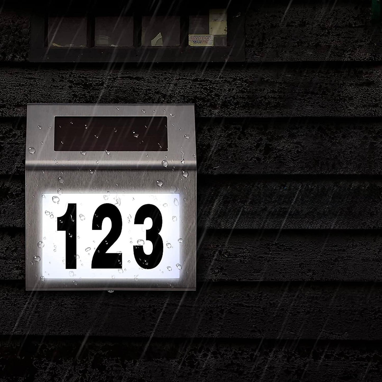 Solar LED Address Sign – Stainless Steel House Number Light with White LEDs, Waterproof, Customizable Numbers & Letters, Auto On/Off, 7.86 x 7.07 Inches
