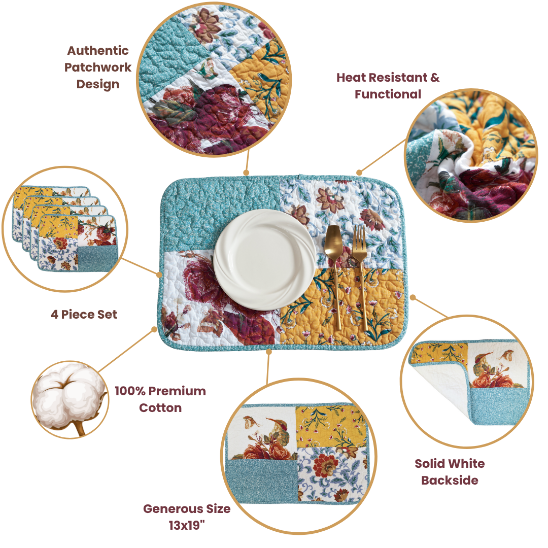 Tache Old World Garden Pastel Blue Yellow Red Hummingbirds Cotton Patchwork Placemats (JHW-936)