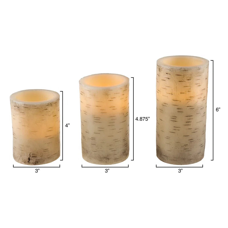 Set of 3 Vanilla Scented Flameless LED Candles – Realistic Faux Birch Bark Look, Dripless Beeswax – Safe & Stylish Indoor/Outdoor Battery Operated Pillar Candles with Remote Control, 6” Tall, Cream Beige