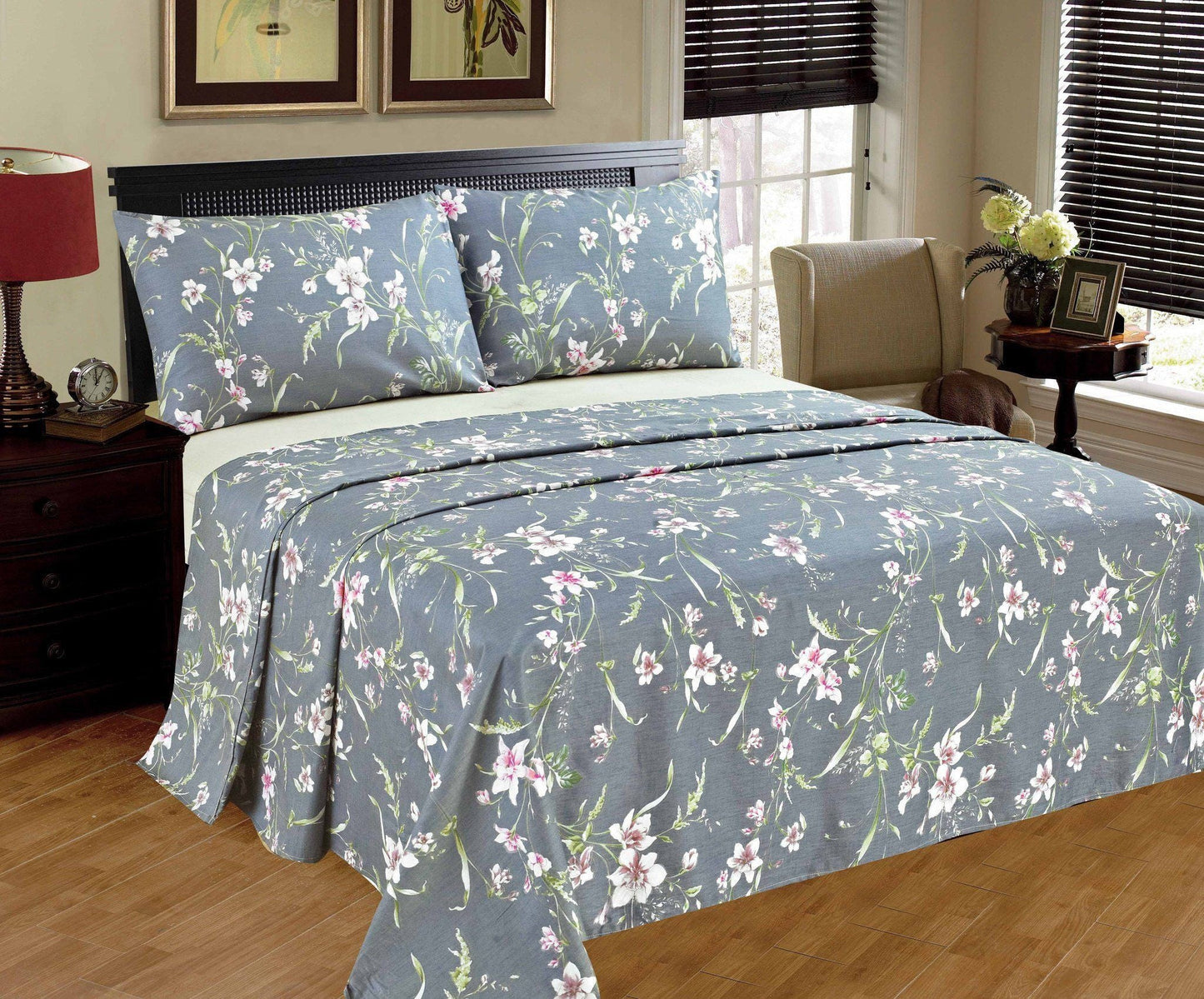 Cotton Cherry Blossom Floral Flat Sheet in Grey