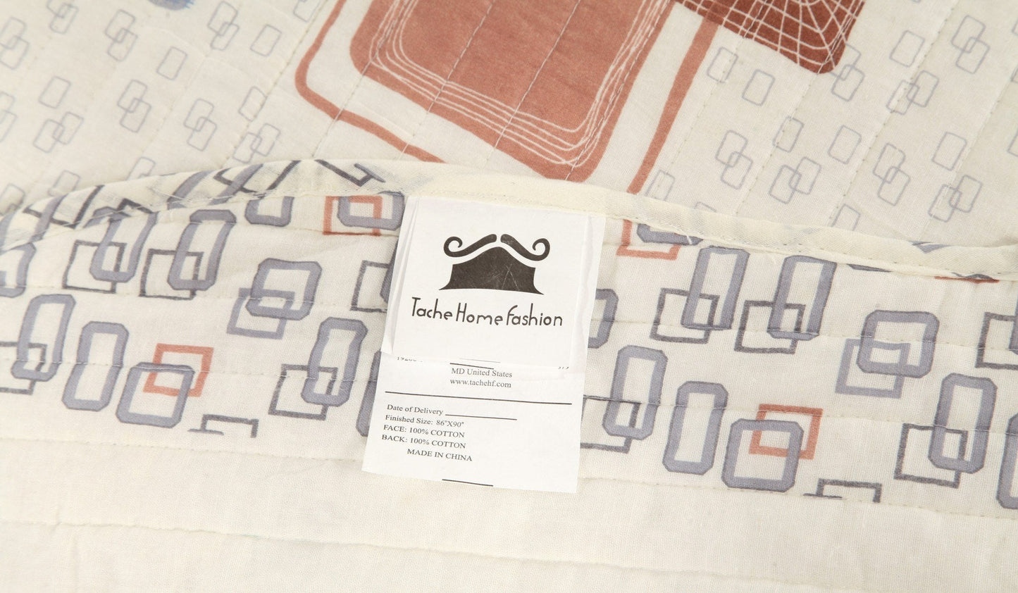 Tache Geometric Cubic Squares Ivory Scalloped Retro Cotton Quilt Bedspread Set (DSW009)