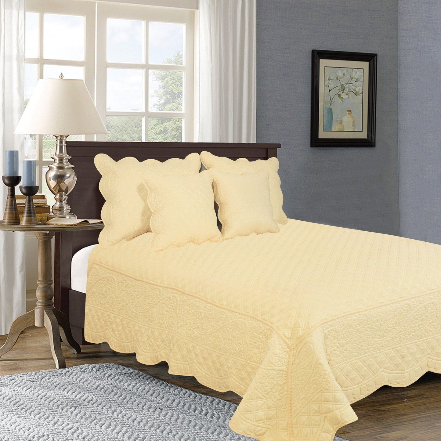 Tache Buttercup Puffs Yellow Diamond Matelasse Scalloped Quilt Set (YELLEMDES)
