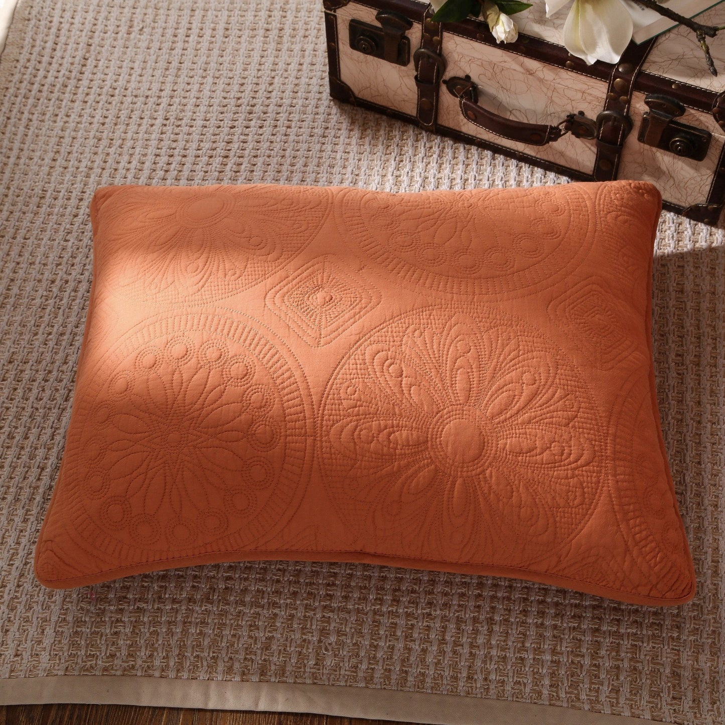 Tache Tuscany Sunrise Medallion Orange Rustic Stone Washed Cotton Quilt Set (JHW-595)