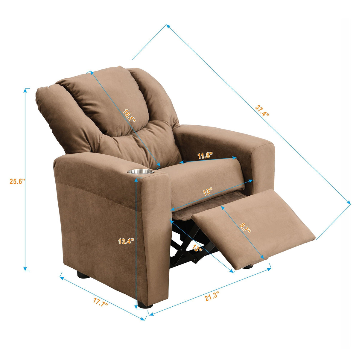 Brown Kids Recliner Chair with Cup Holder - Manual Reclining Fabric Couch