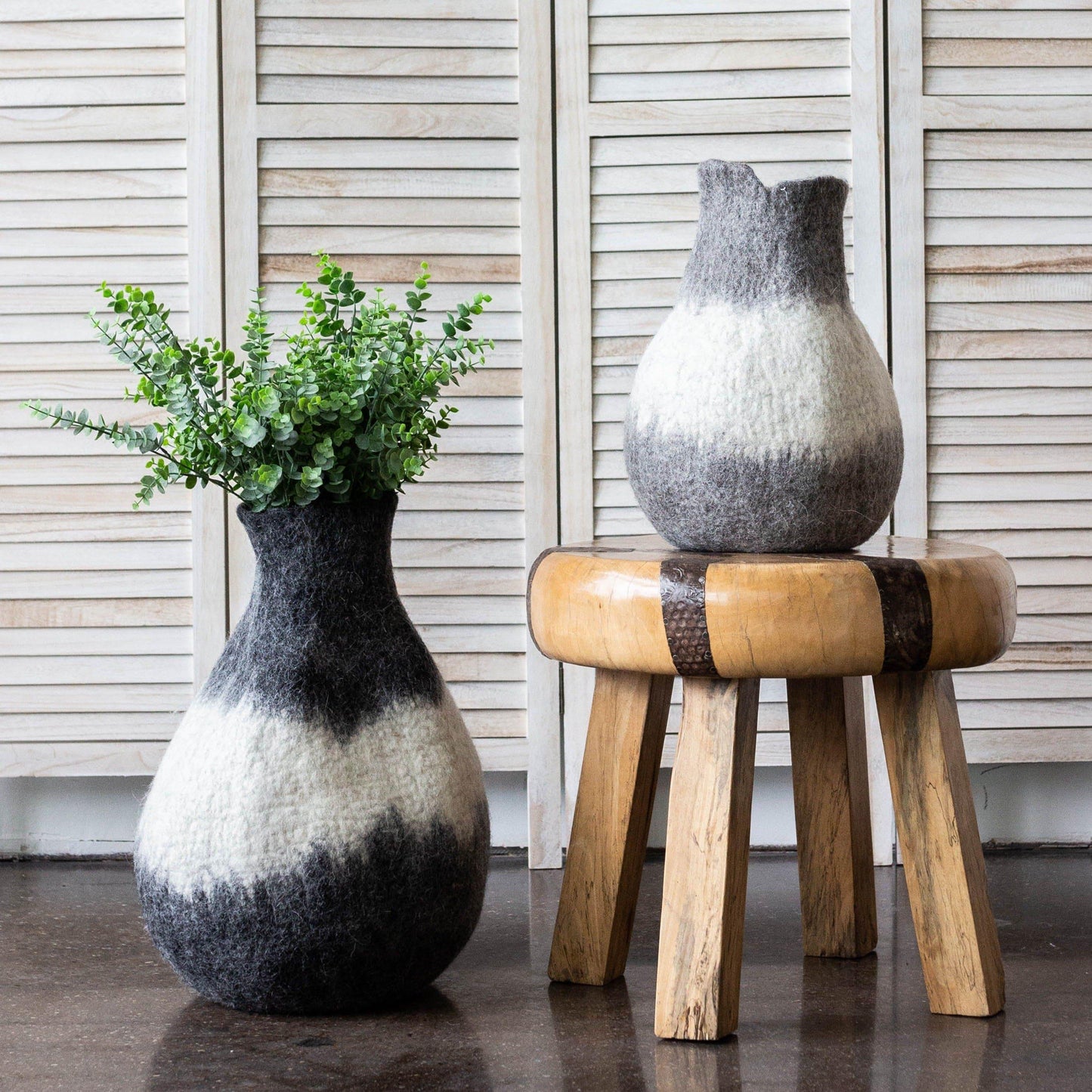 Karakul Wool Gourd Basket in Charcoal and Ivory
