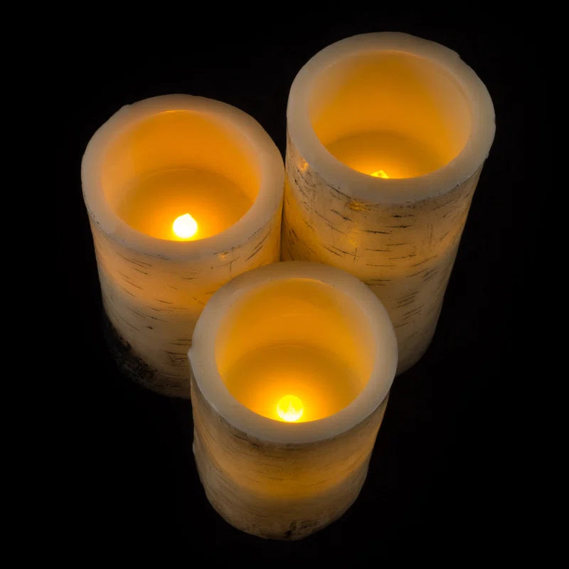 Set of 3 Vanilla Scented Flameless LED Candles – Realistic Faux Birch Bark Look, Dripless Beeswax – Safe & Stylish Indoor/Outdoor Battery Operated Pillar Candles with Remote Control, 6” Tall, Cream Beige