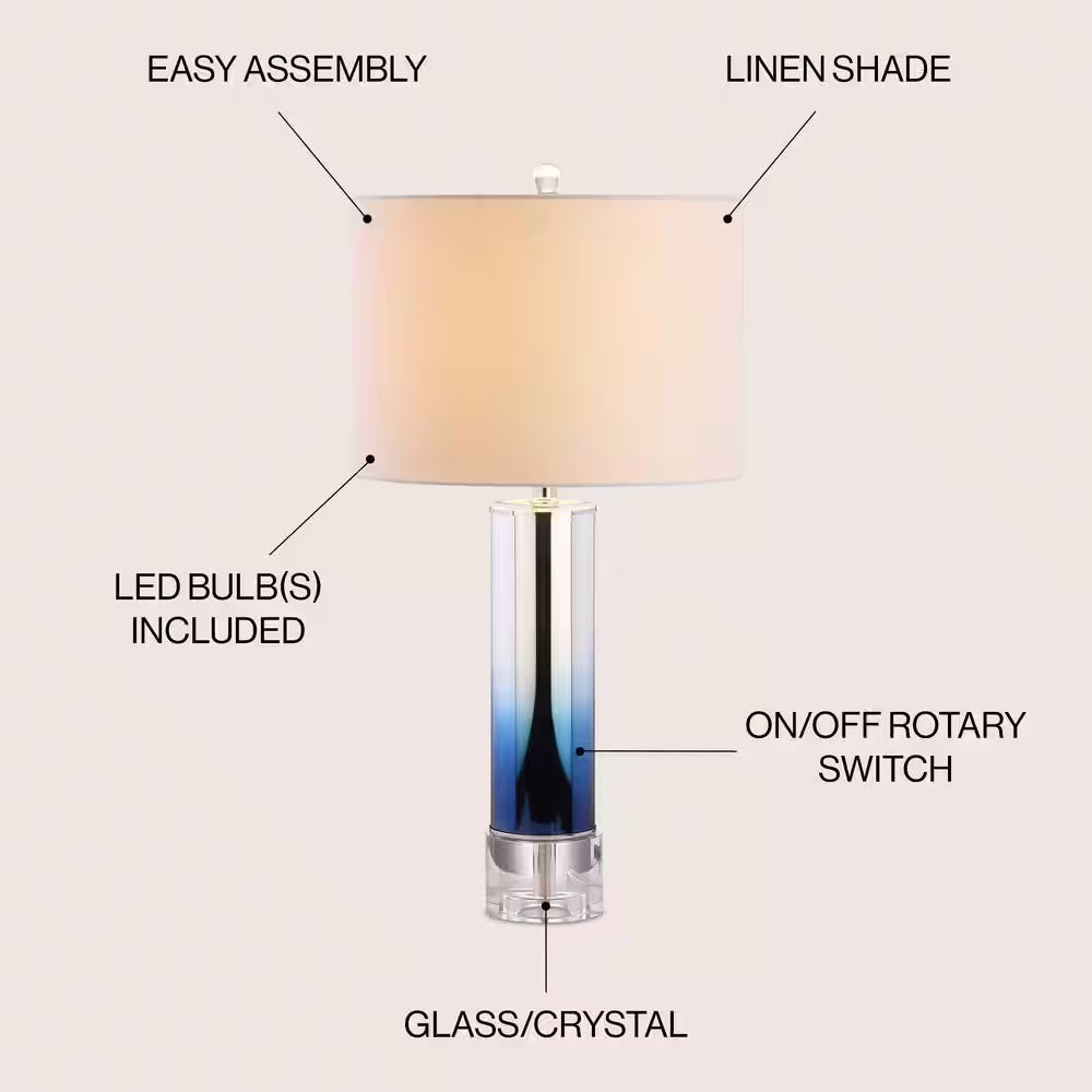 Edward 27” Blue Glass/Crystal LED Table Lamp - Stylish Ombre Glass with Cotton Drum Shade for Bedroom, Living Room, or Office