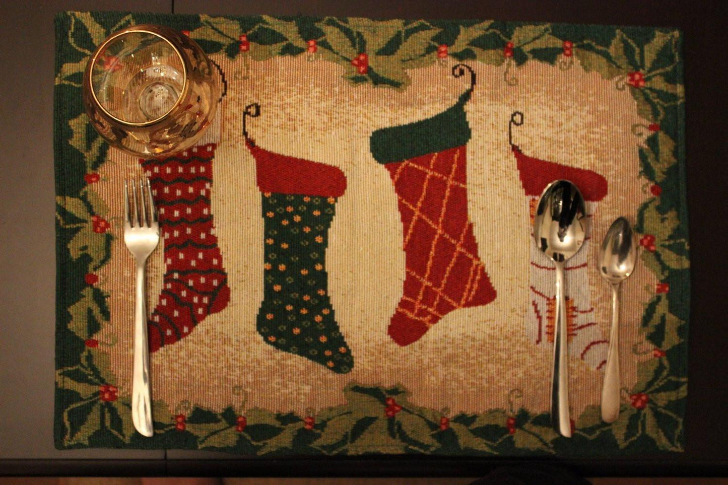Cotton Polyester Placemat Set, Festive Stocking Design (Set of 4)