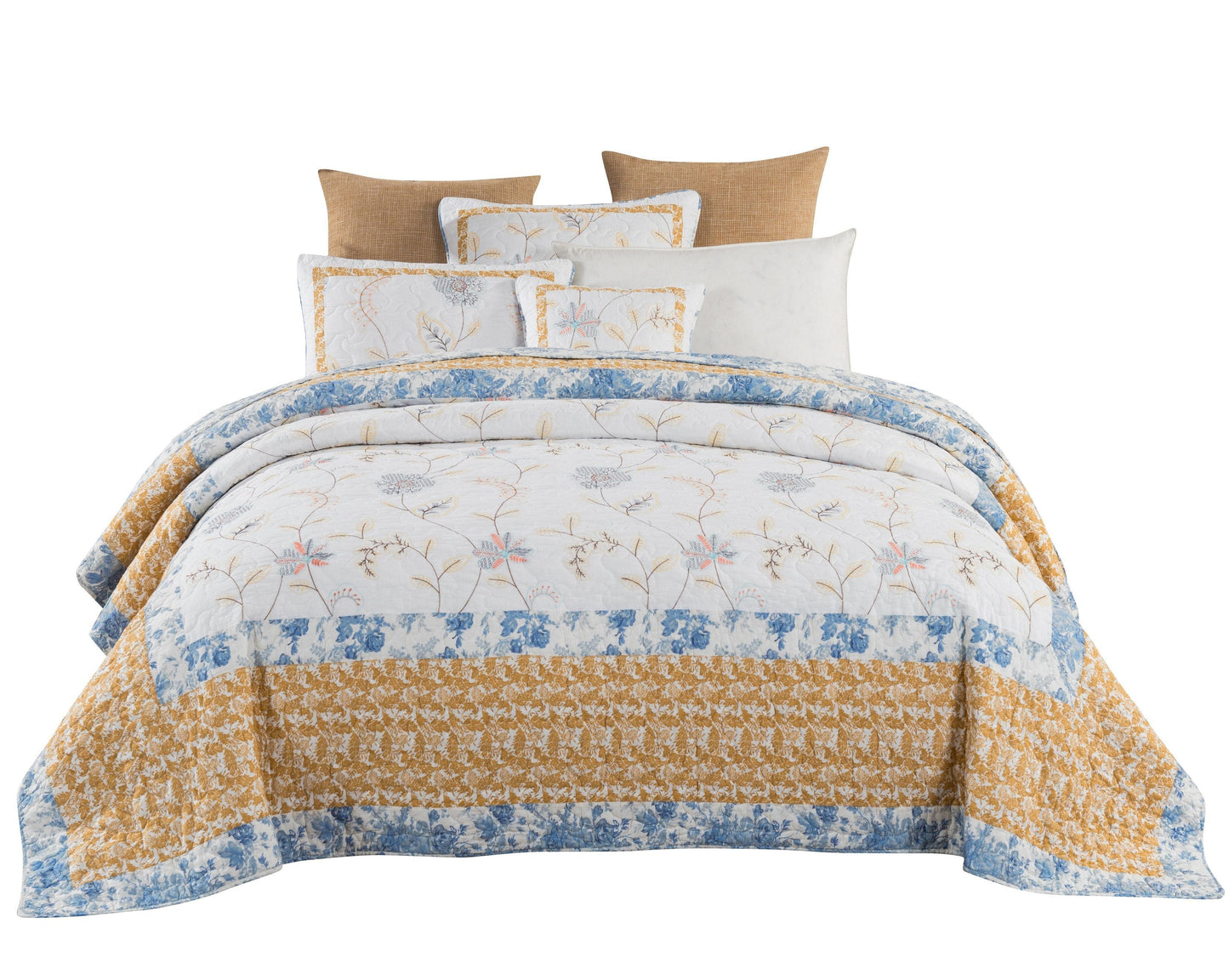 Tache Coastal Cottage Embroidered White Blue Yellow Floral Cotton Patchwork Quilt Set (JHW-668)