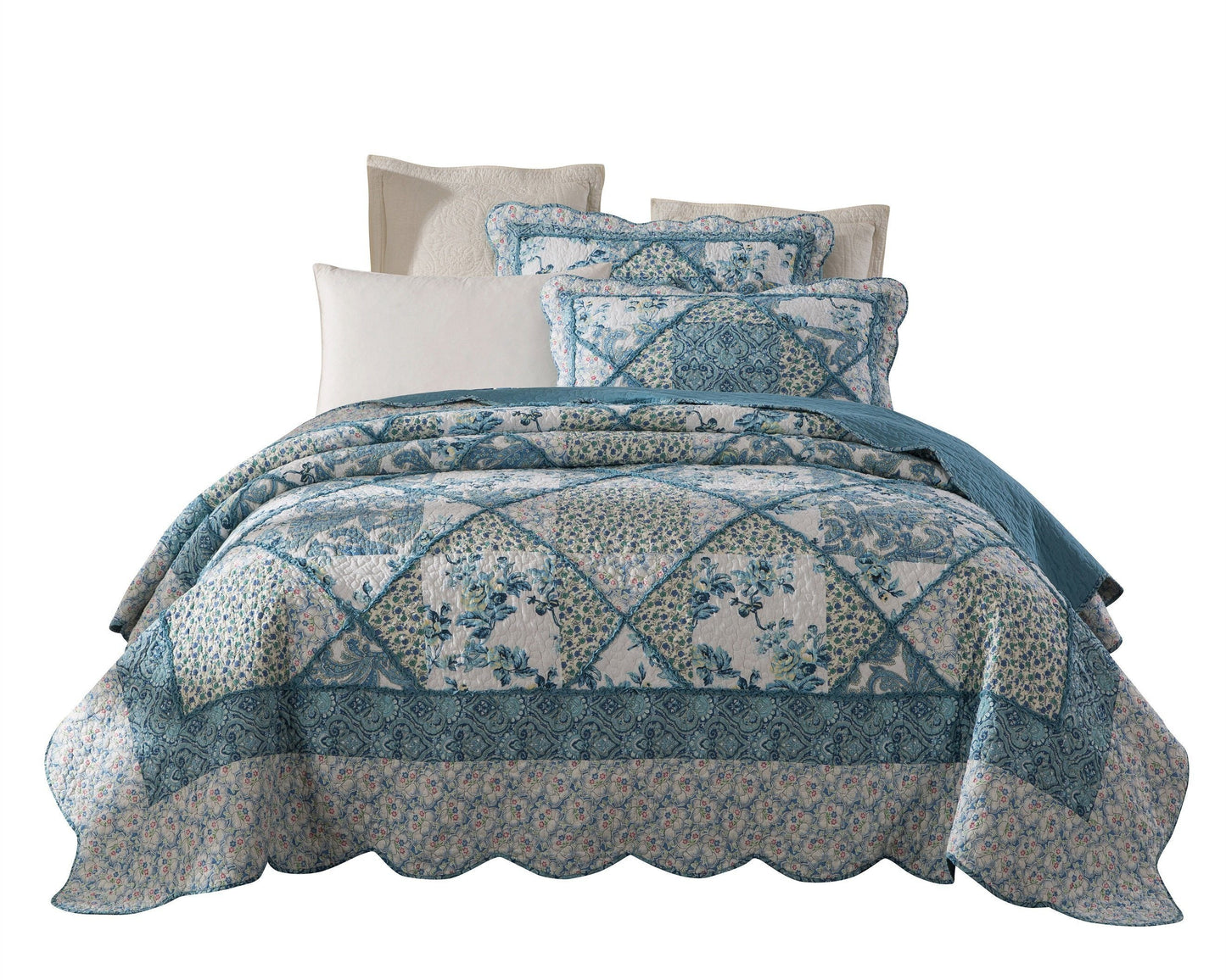 Tache Petal Dance White Blue Floral Vintage Garden Scalloped Cotton Patchwork Quilt Set (JHW-646)