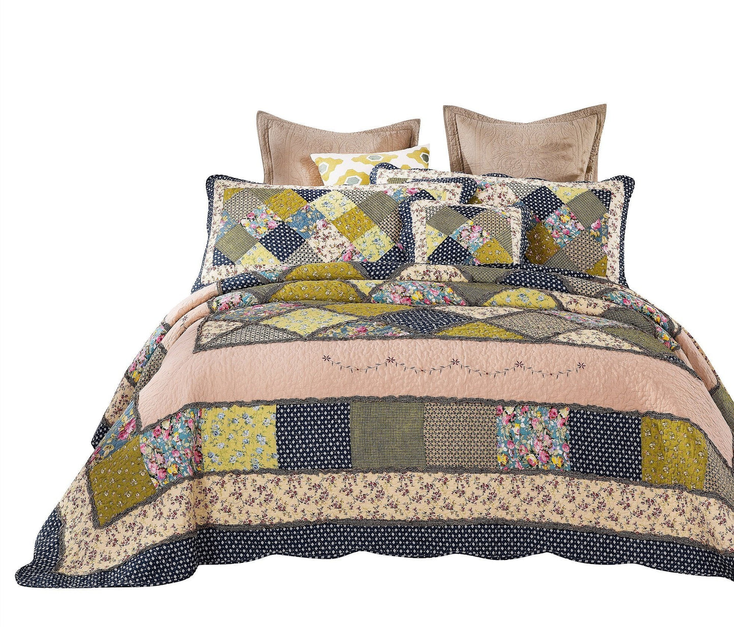 Tache Spring Shower Olive Green Navy Blue Floral Scalloped Cotton Patchwork Quilt Set (DXJ10077)