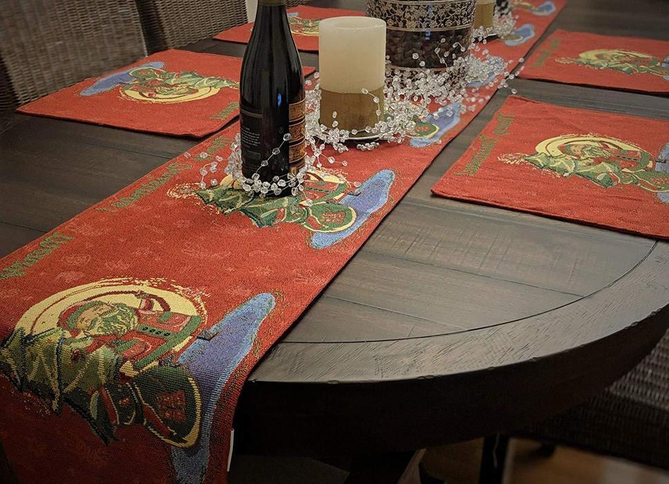 DaDa Bedding Set of 8 Pieces Red Santa Claus Holiday Table Tapestry - 4 Placemats, 2 Table Runners, 2 Throw Pillow Covers (17615)