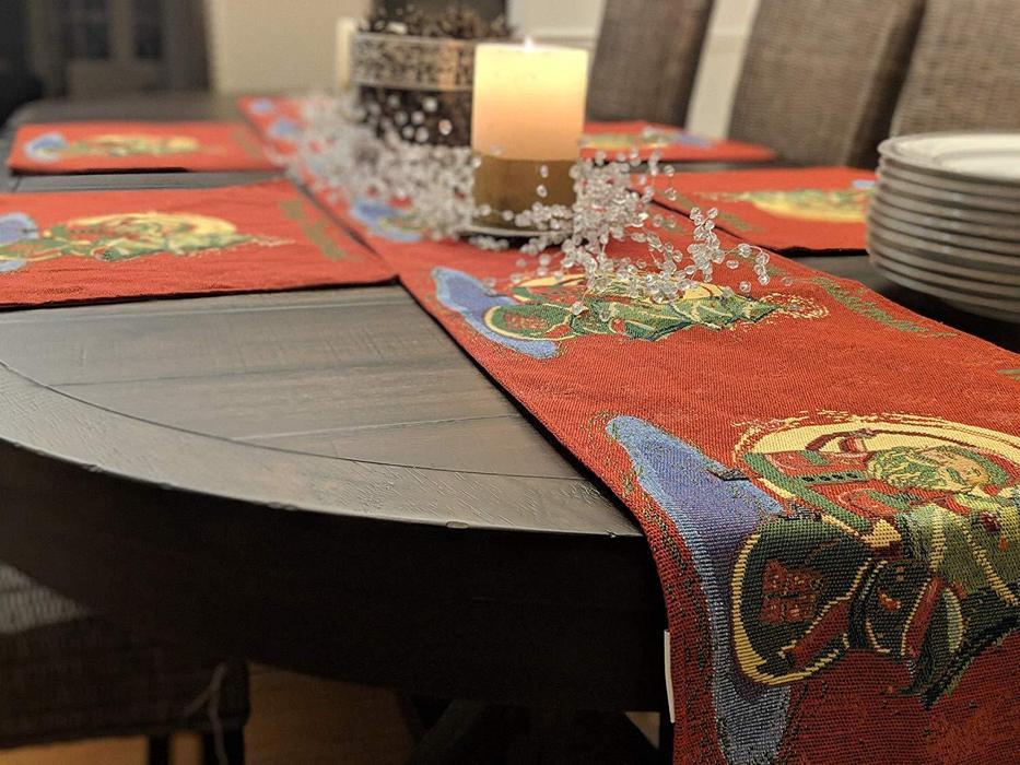 DaDa Bedding Set of 8 Pieces Red Santa Claus Holiday Table Tapestry - 4 Placemats, 2 Table Runners, 2 Throw Pillow Covers (17615)
