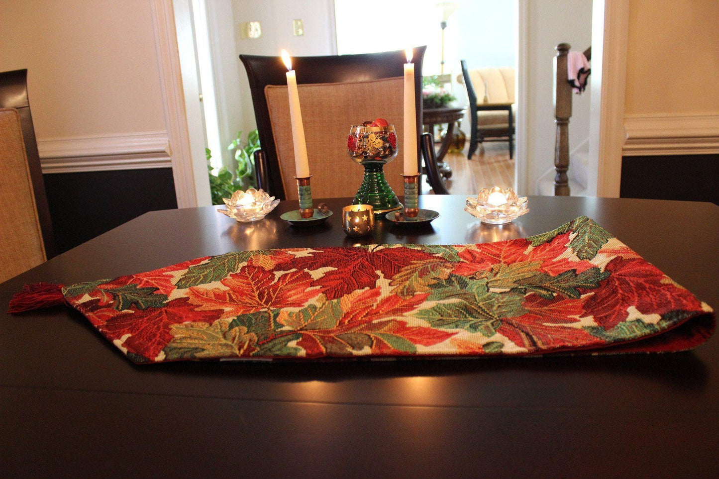 Cotton Blend Tapestry Table Runner with Autumn Foliage Design