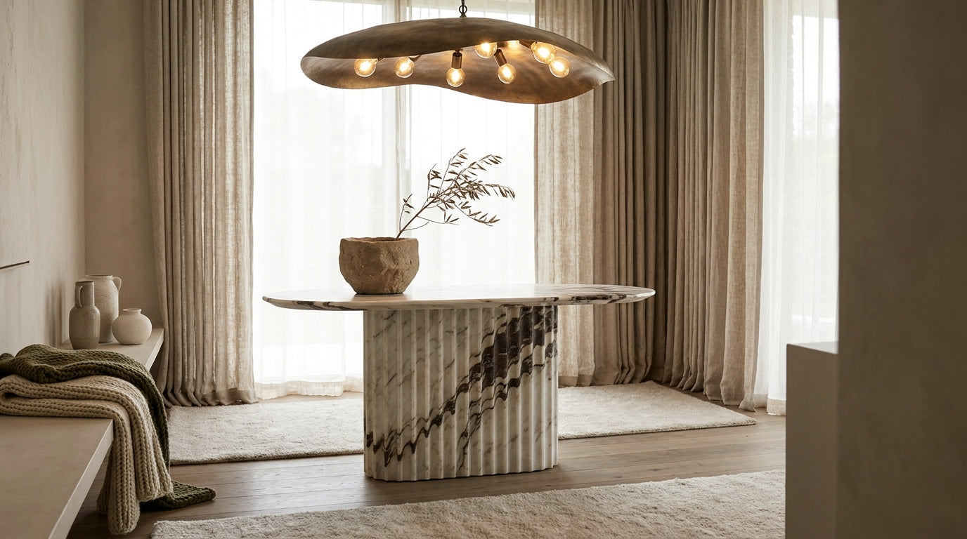Premium edit — marble console and designer chandelier