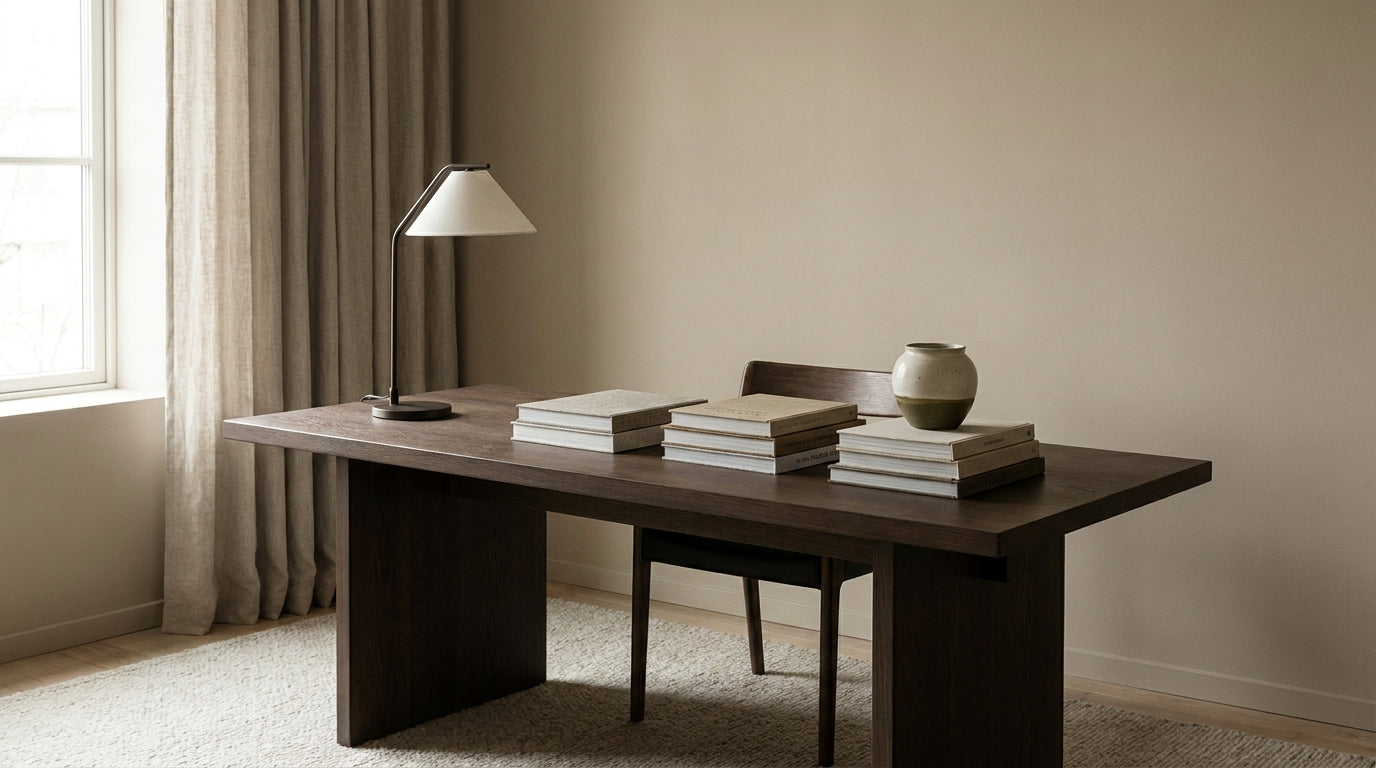Calm home office with wood desk