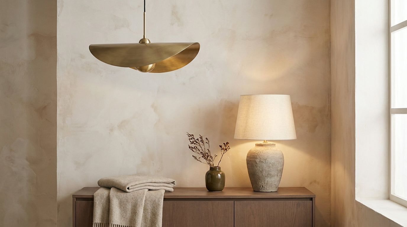 Sculptural brass pendant and ceramic lamp lighting