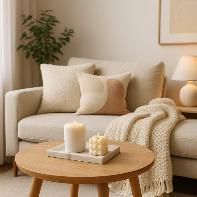 Neutral-toned living room with beige sofa, throw blanket, modern pillows, round wooden table with candles, and soft natural lighting in cozy setting.