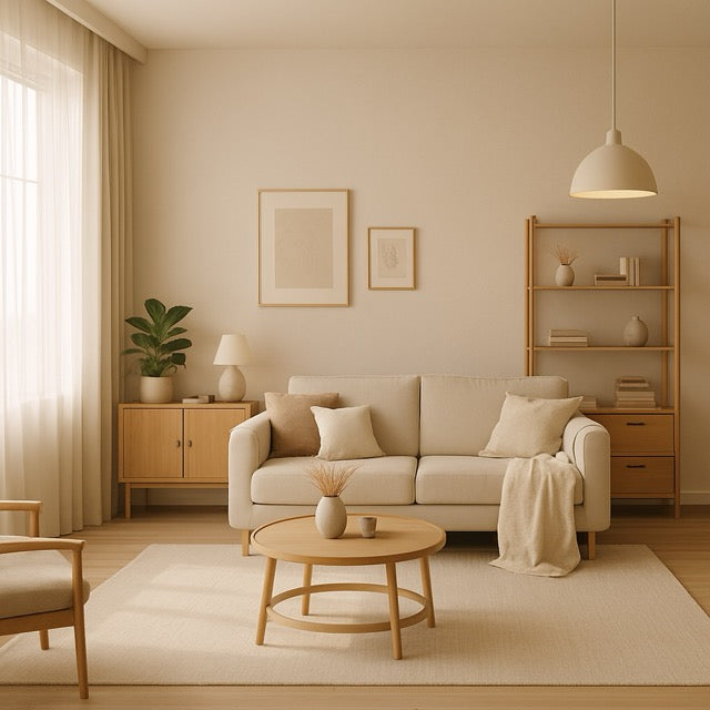 Stylish living room with beige sofa, warm wood furniture, soft textiles, ambient lighting, and curated modern decor in a cozy, sunlit setting.