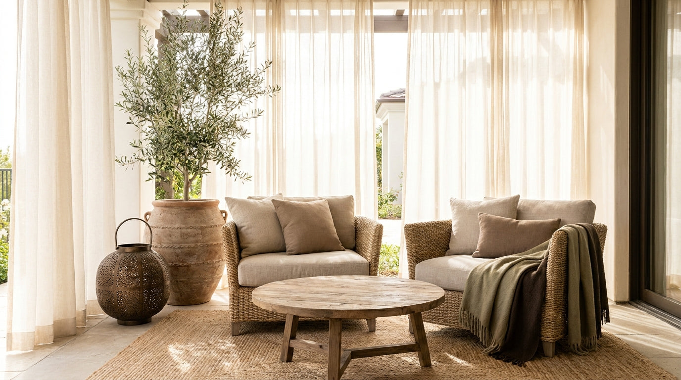 Covered patio with woven outdoor seating