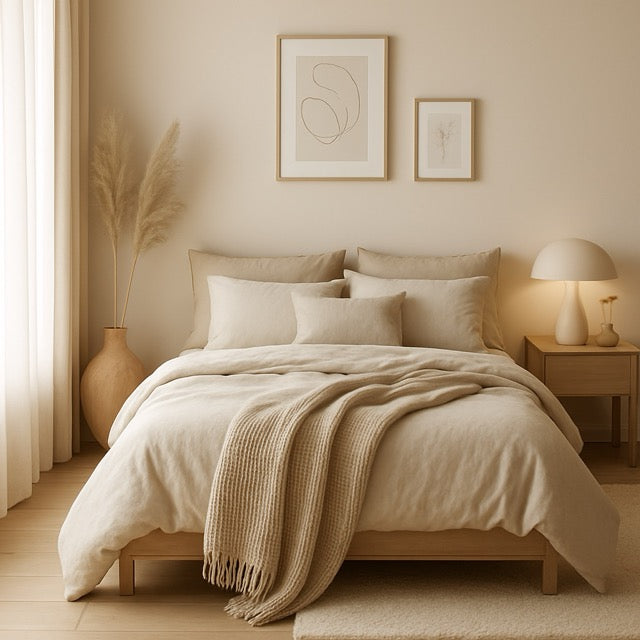 Minimalist bedroom with a beige linen bed, soft throw blanket, mushroom lamp on a wooden nightstand, and framed neutral wall art in warm natural lighting.