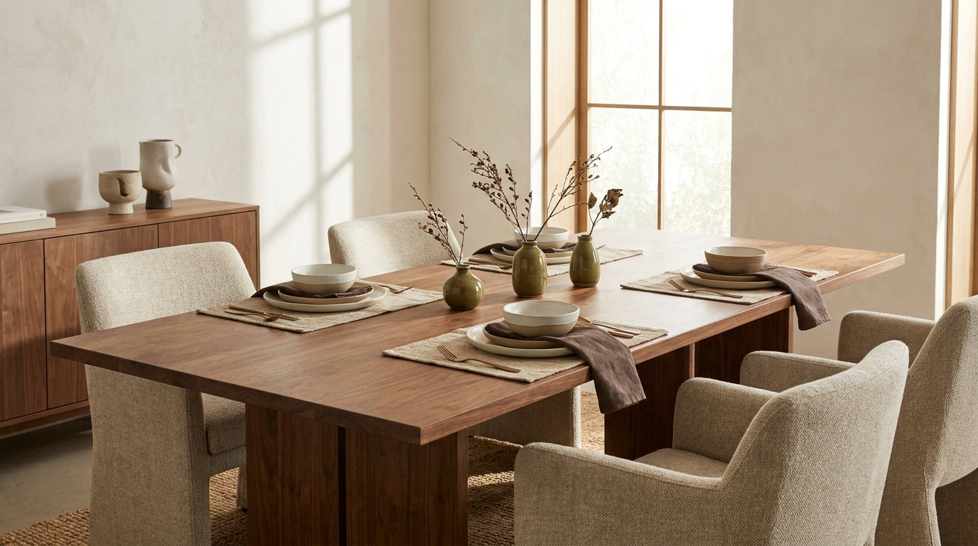 Dining room with wood table and stoneware