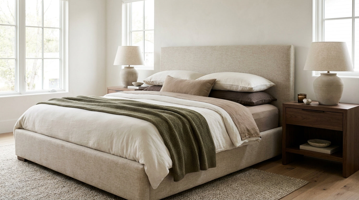Styled bedroom with upholstered bed and neutral bedding