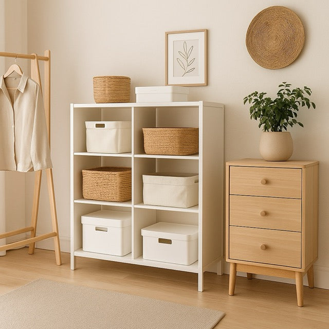 Minimalist home storage corner with white shelving unit, woven and fabric baskets, wooden drawer cabinet, garment rack, and potted plant in a neutral-toned room.